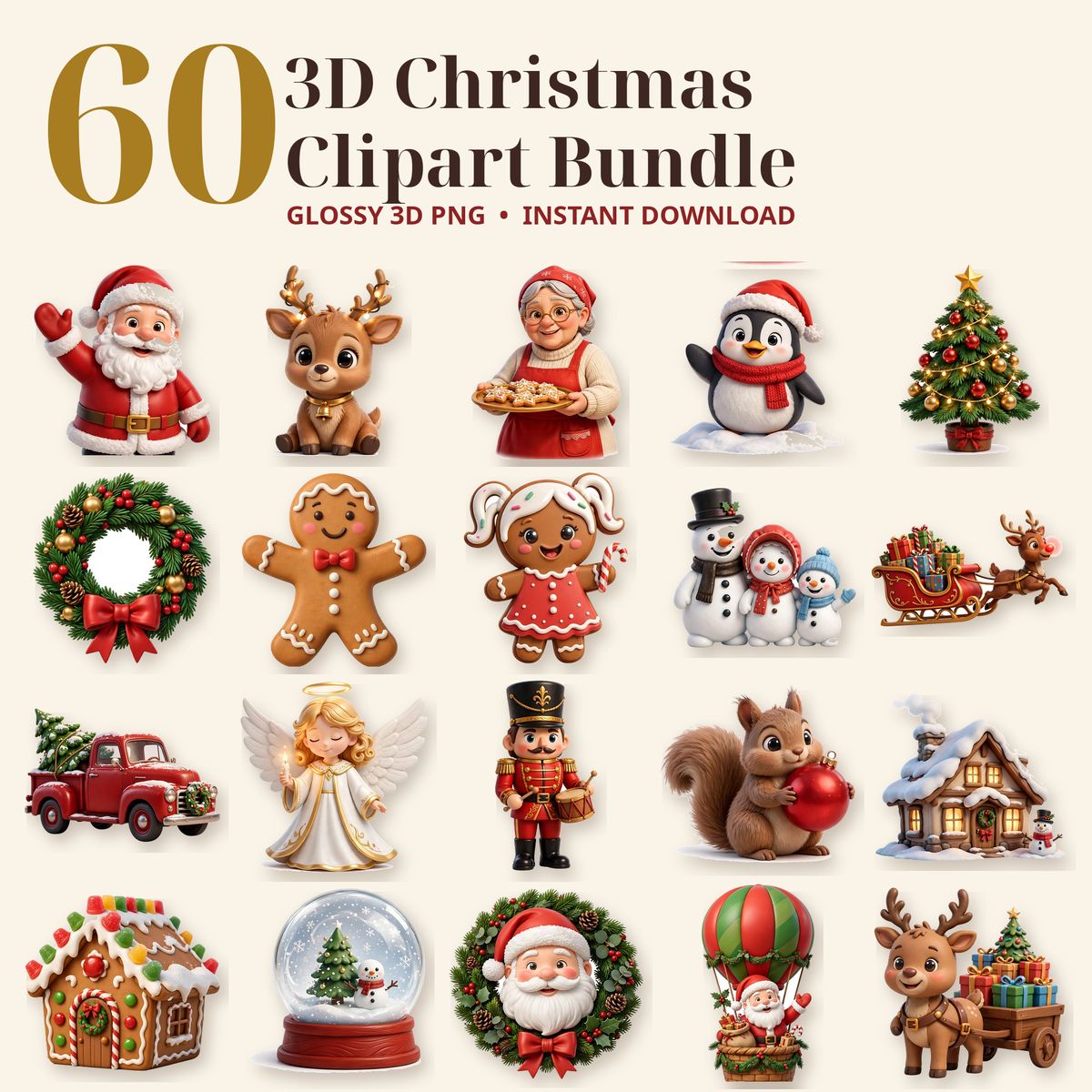3D Christmas Clipart Bundle, 60 Glossy PNG, Santa Sublimation Clipart, Transparent Background, Commercial Use, Instant Download