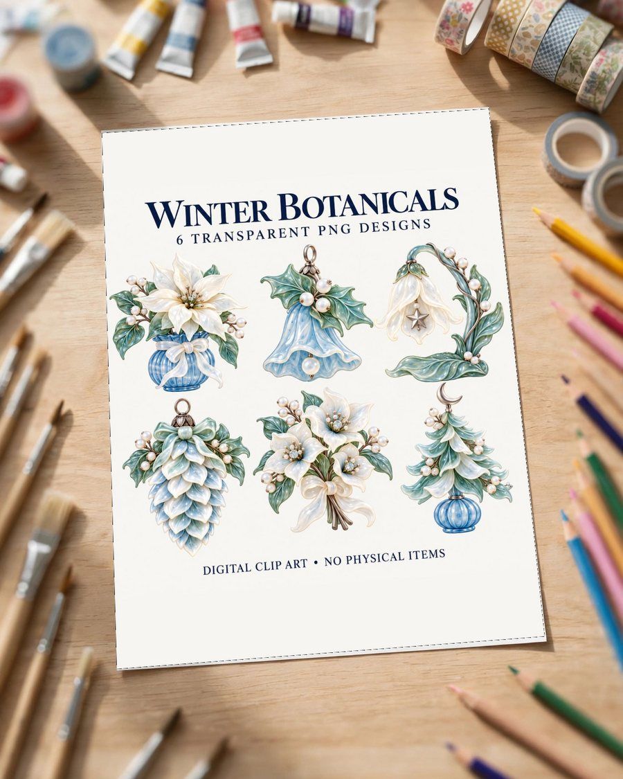 Blue Christmas Floral Clipart Bundle, Winter Watercolor Flowers PNG, Blue Winter Botanical PNG, Holiday Floral Graphics, Digital Download