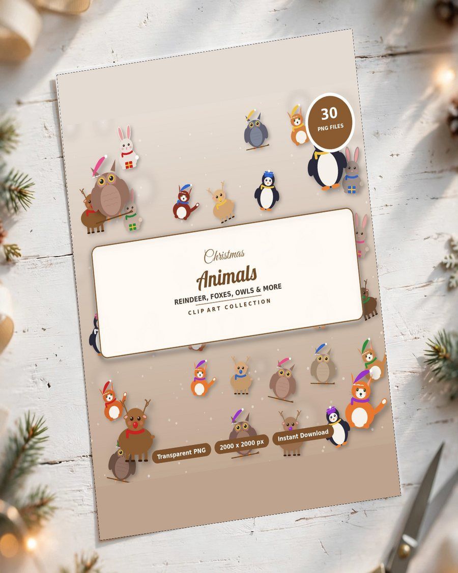 Christmas Animals Clipart PNG Bundle, 30 Cute Woodland Animals, Reindeer Fox Owl Bunny Penguin, Animal Sublimation PNG, Digital Download