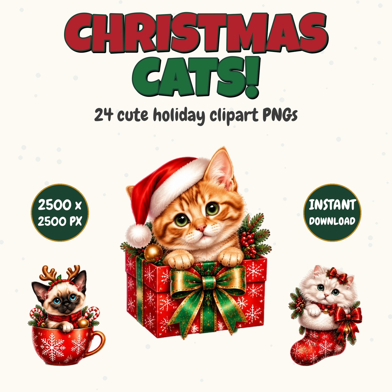 Christmas Cat Clipart Bundle - 24 Cute Kitten PNGs, Transparent Background, Commercial Use, Holiday Cat Clipart Set, Instant Download