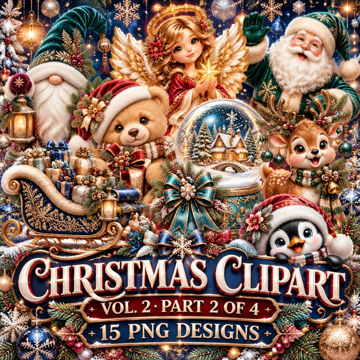 Christmas Clipart Bundle Vol. 2 Part 2 | 15 Transparent PNG | Angel, Gnome, Wreath, Snow Globe, Sleigh | Commercial Use