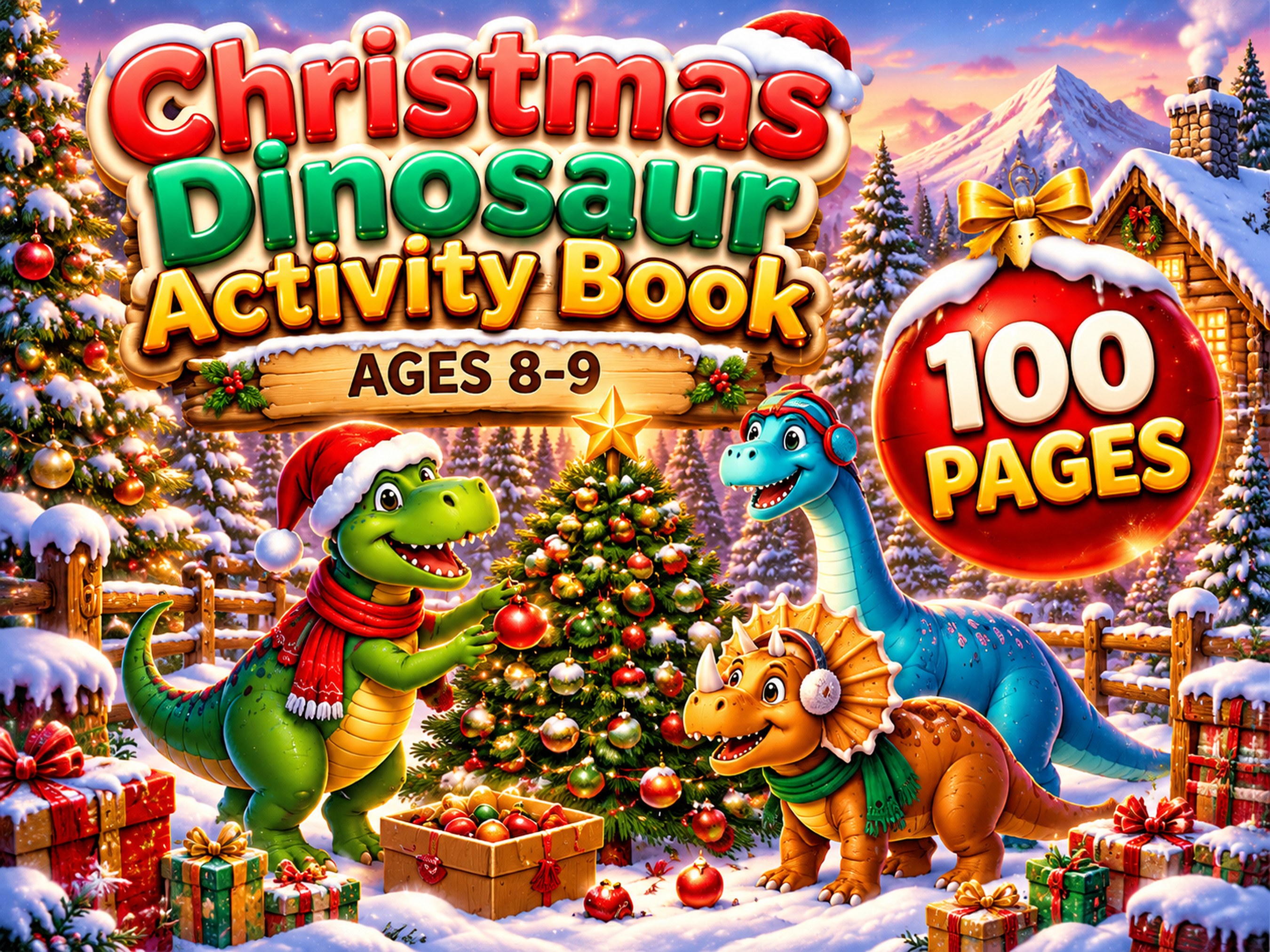 Christmas Dinosaur Activity Book for Kids Ages 8-9 | 100 Printable Pages of Mazes, Word Search, Math Puzzles & Coloring | Instant Download PDF