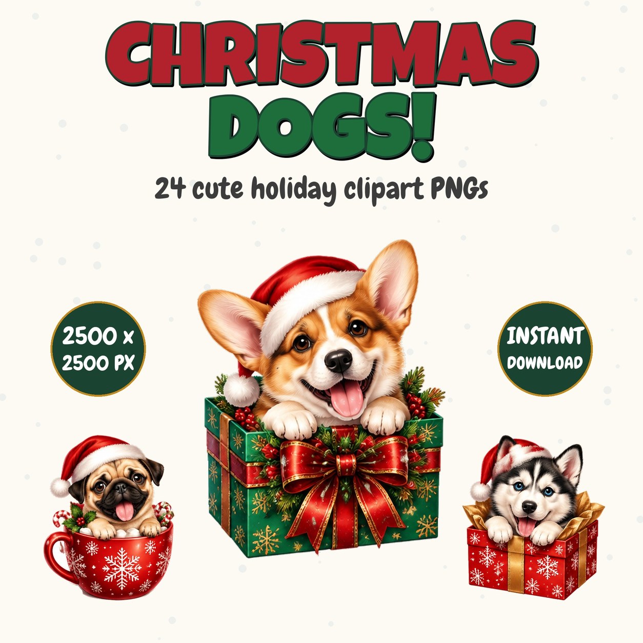 Christmas Dog Clipart Bundle - 24 Cute Puppy PNGs, Transparent Background, Commercial Use, Holiday Dog Clipart Set, Instant Download