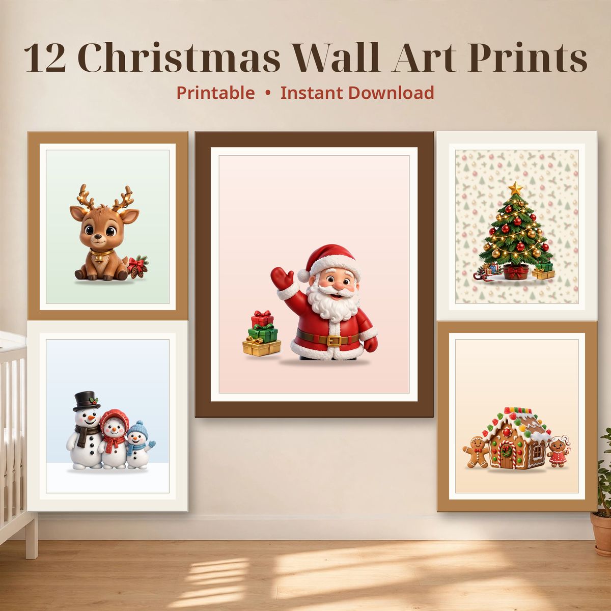 Set of 12 Christmas Wall Art Prints, Cute 3D Santa & Reindeer Nursery Decor, Printable Kids Room Gallery Wall, Instant Download