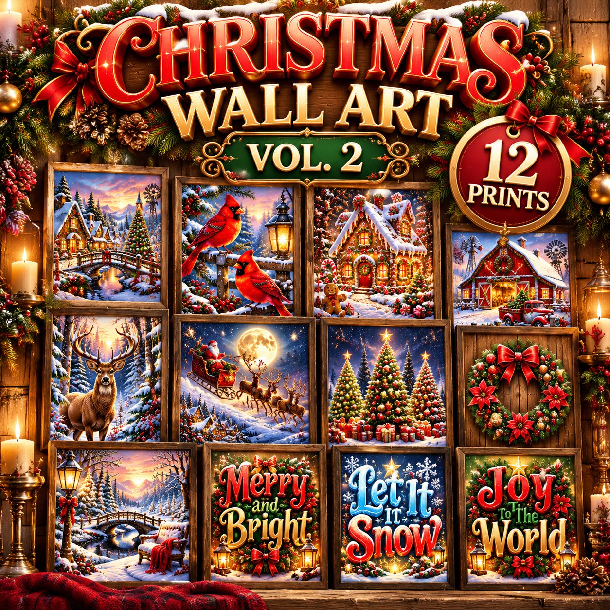 Christmas Wall Art Prints Vol. 2 | 12 Prints in 5 Sizes Each | Cozy Village, Cardinals, Gingerbread | Personal Use