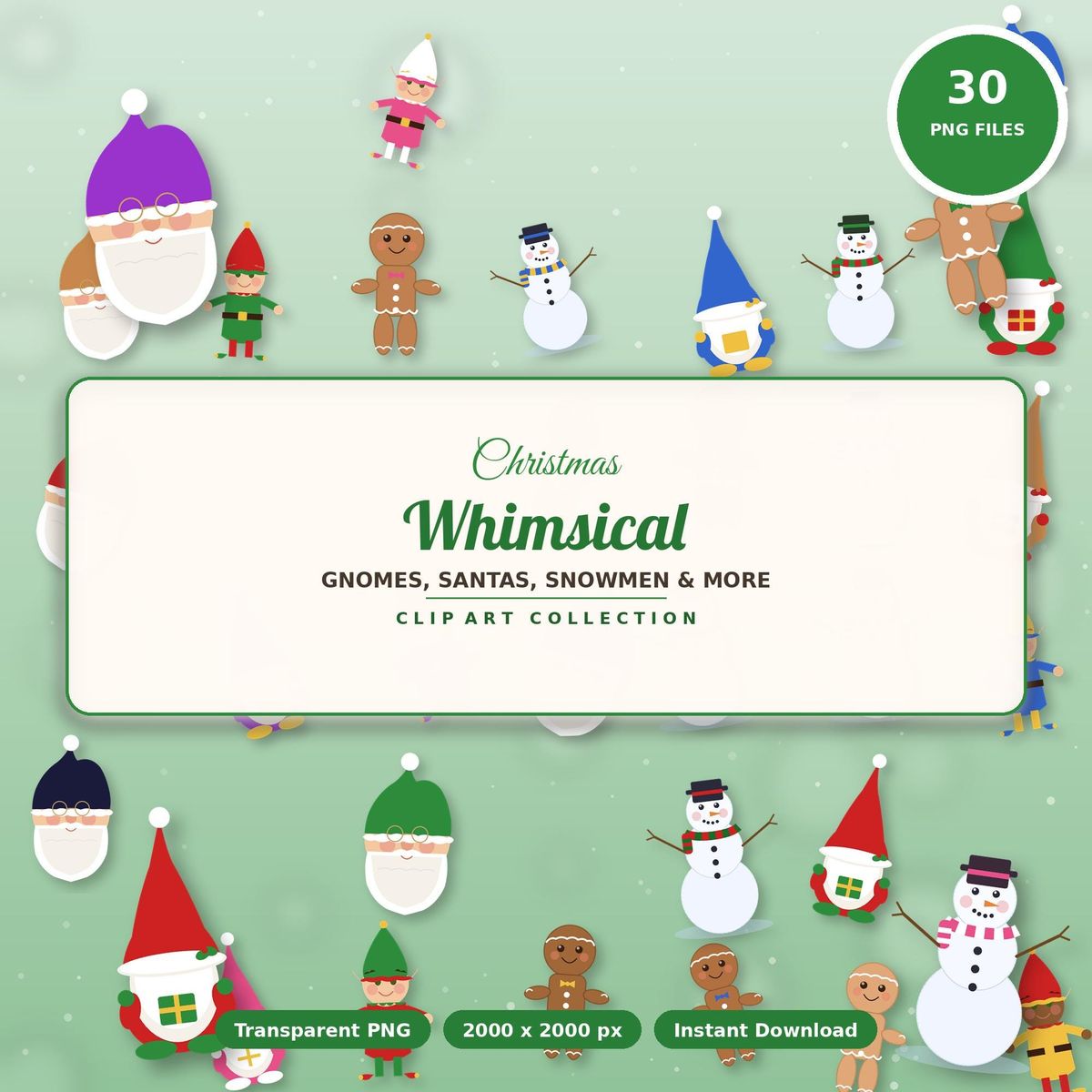 Christmas Clipart Bundle, 30 Whimsical PNG, Gnome Santa Snowman Gingerbread Elf, Sublimation Graphics, Cute Christmas Instant Download