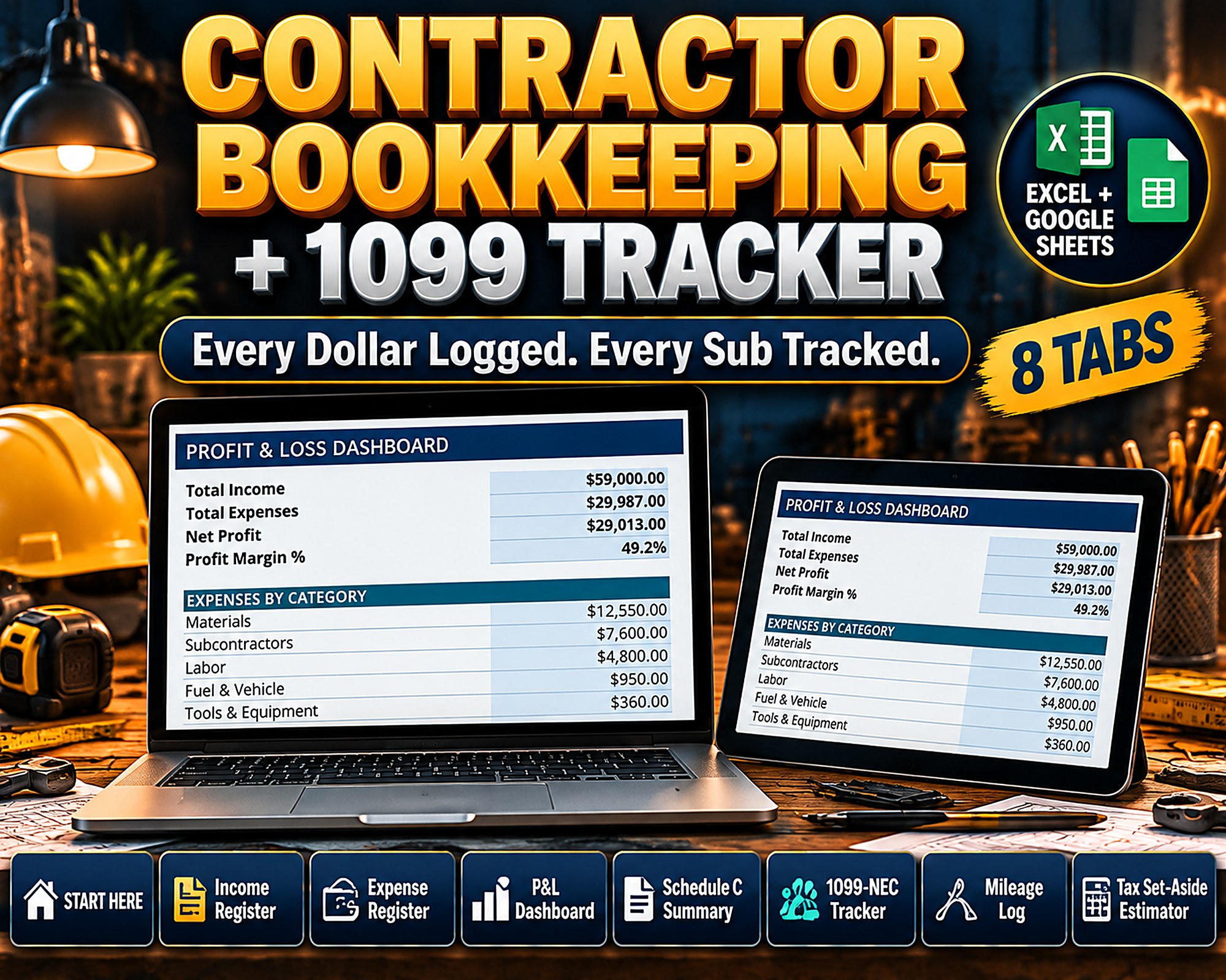 Contractor Bookkeeping Spreadsheet 1099 Tracker | Small Business Bookkeeping Template Excel Google Sheets P&L