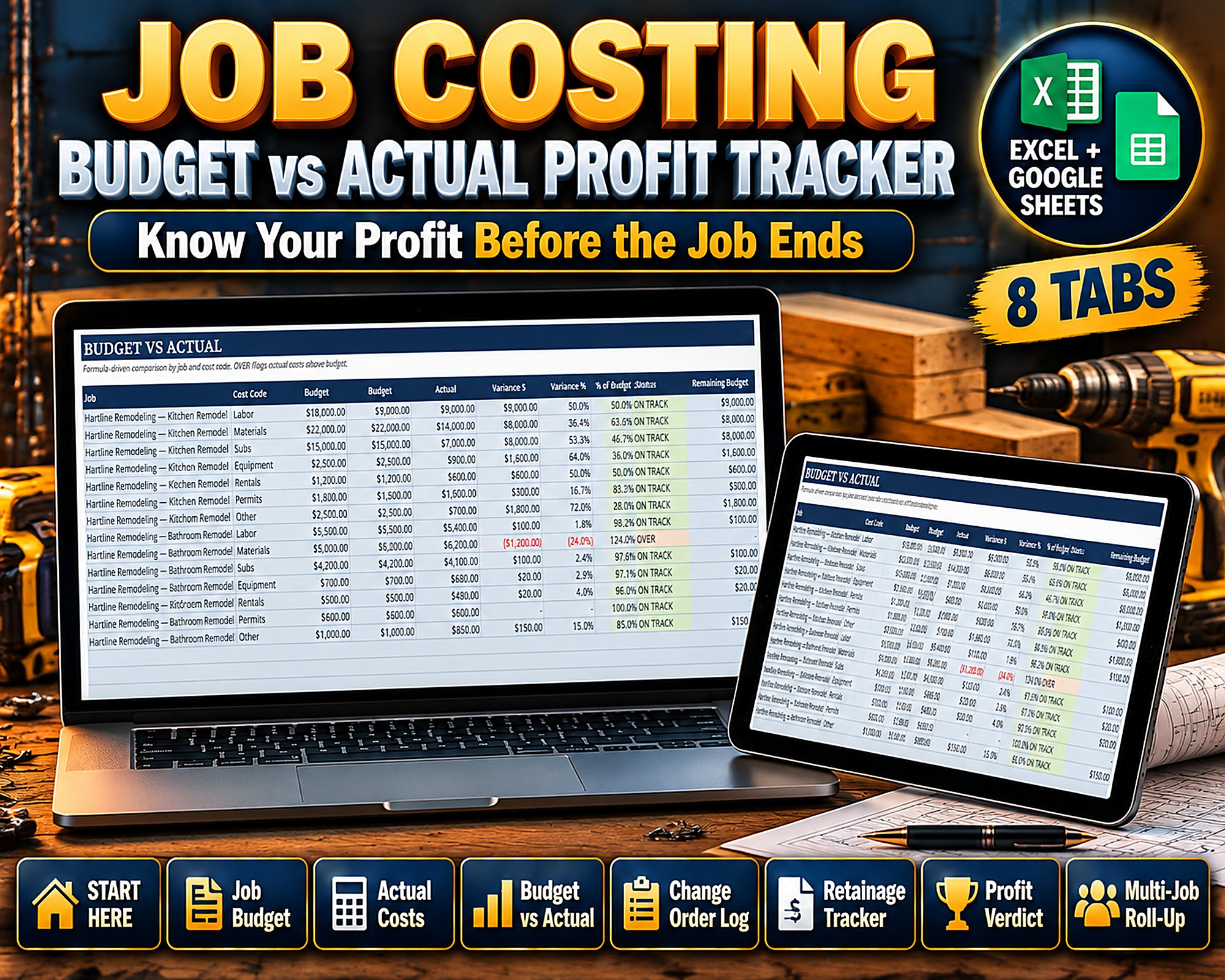 Construction Budget vs Actual Spreadsheet | Contractor Job Cost Tracking Excel Template Variance Profit Verdict