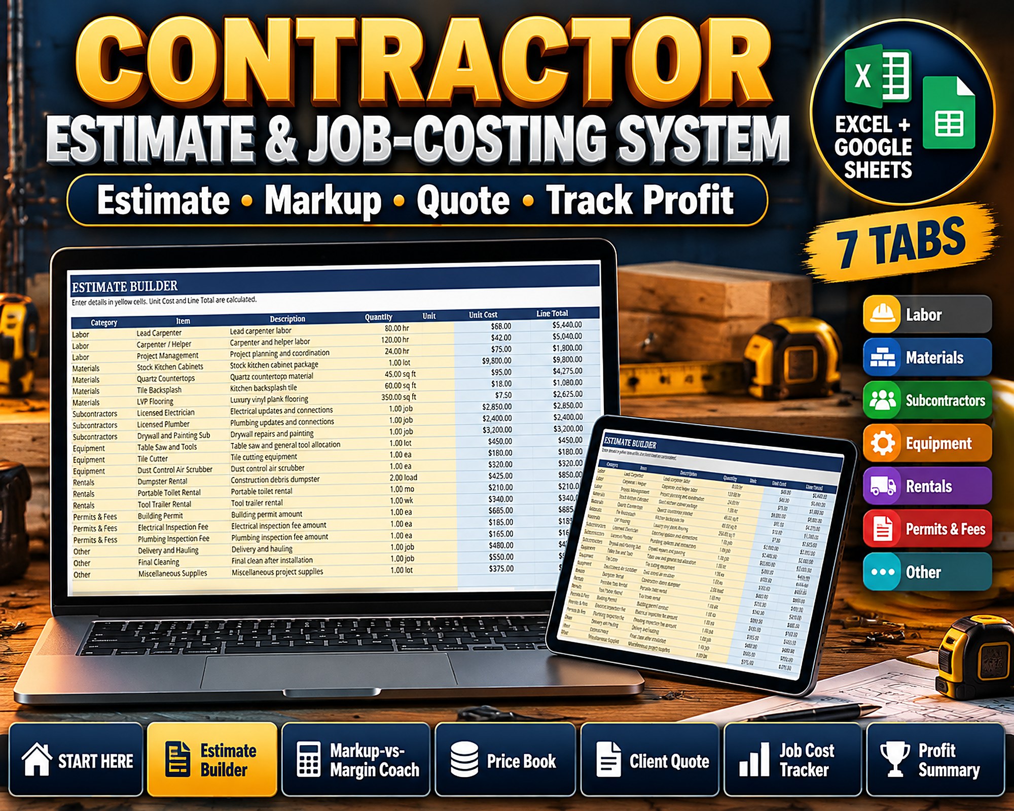 Contractor Estimate Spreadsheet Job Costing Template | Construction Estimate Excel Google Sheets Markup Calculator