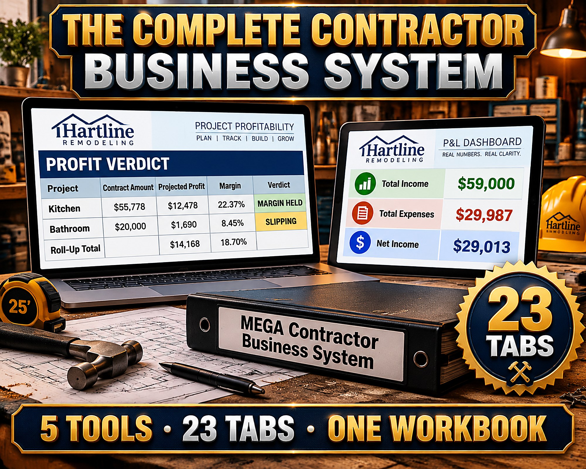 Contractor Business System Spreadsheet Bundle | Estimate Job Costing Bookkeeping 1099 Quote Excel 23 Tabs