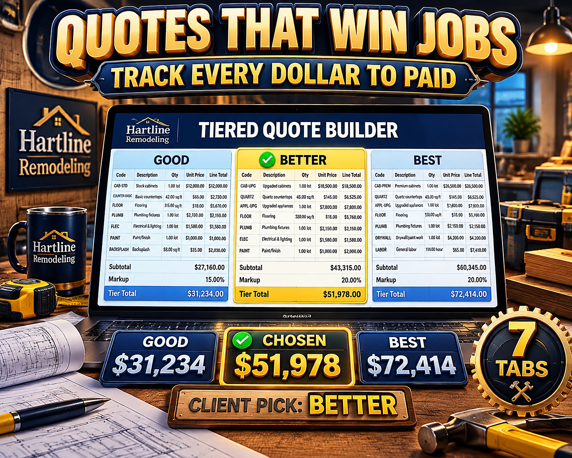 Contractor Quote Template Good Better Best Pricing | Proposal Spreadsheet Invoice Tracker Deposit Schedule Excel