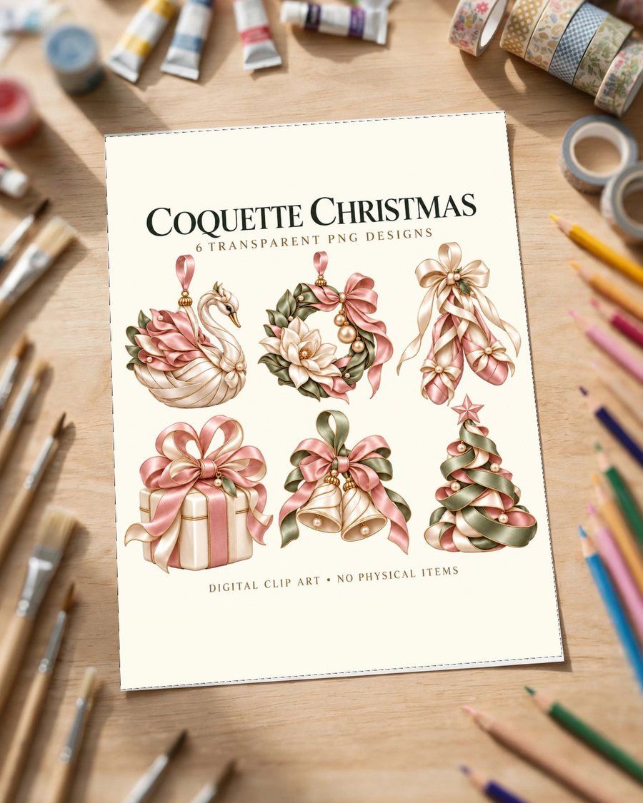 Coquette Christmas Clipart Bundle, Pink Bow Ballet PNG, Vintage Preppy Holiday Clipart, Pink Ribbon Sublimation PNG, Digital Download