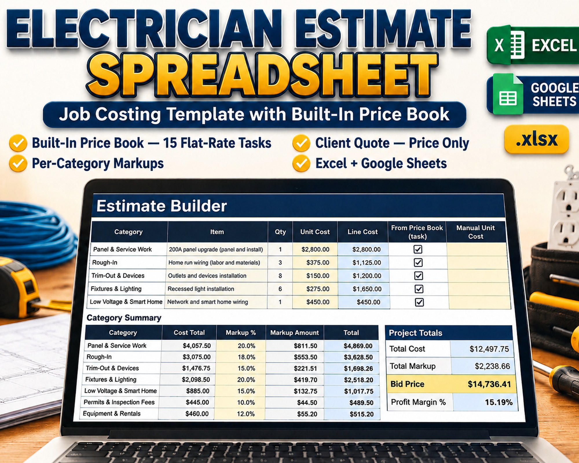 Electrician Estimate Spreadsheet Job Costing Template | Electrical Price Book Invoice Quote Excel Google Sheets