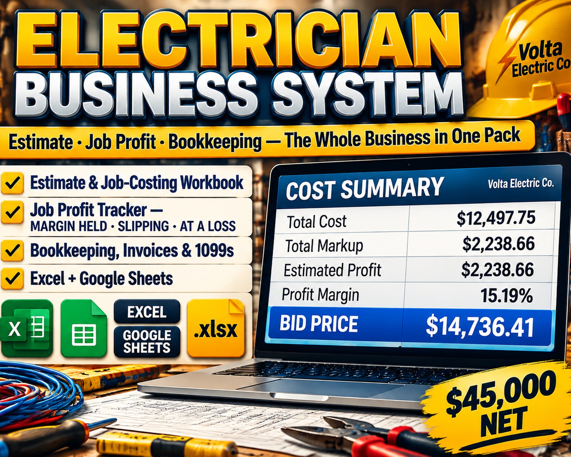 Electrician Business System Spreadsheet MEGA Bundle | Estimate Job Costing Bookkeeping Invoice Excel Google Sheets