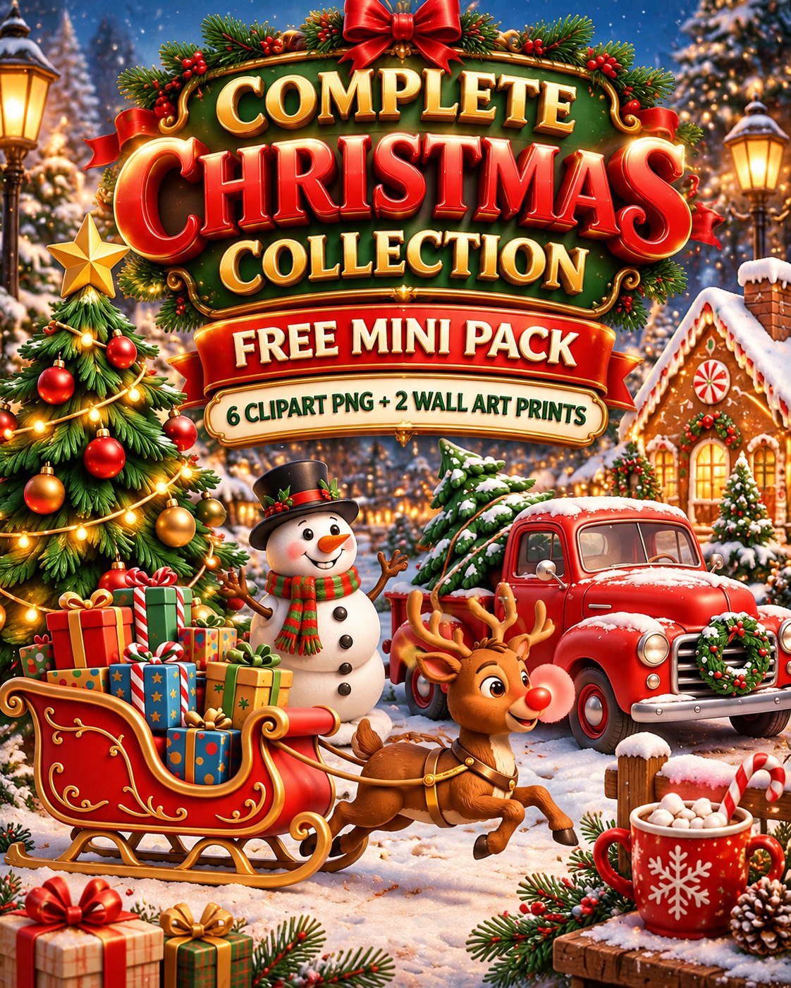 Complete Christmas Collection free mini pack cover — Santa sleigh, snowman, red truck and Christmas tree clipart