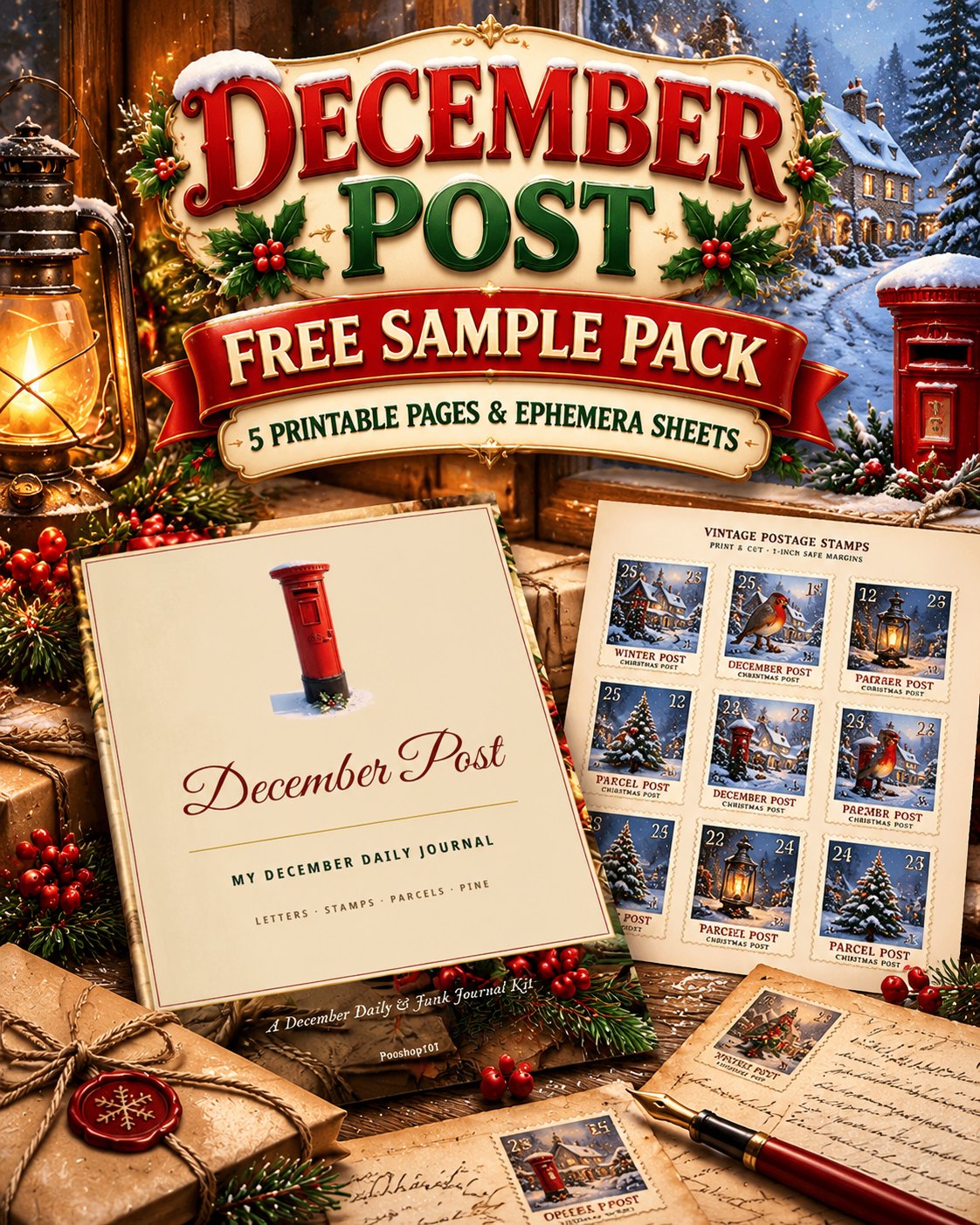 December Post free sample pack cover — vintage Christmas post journal pages, stamps and parcels