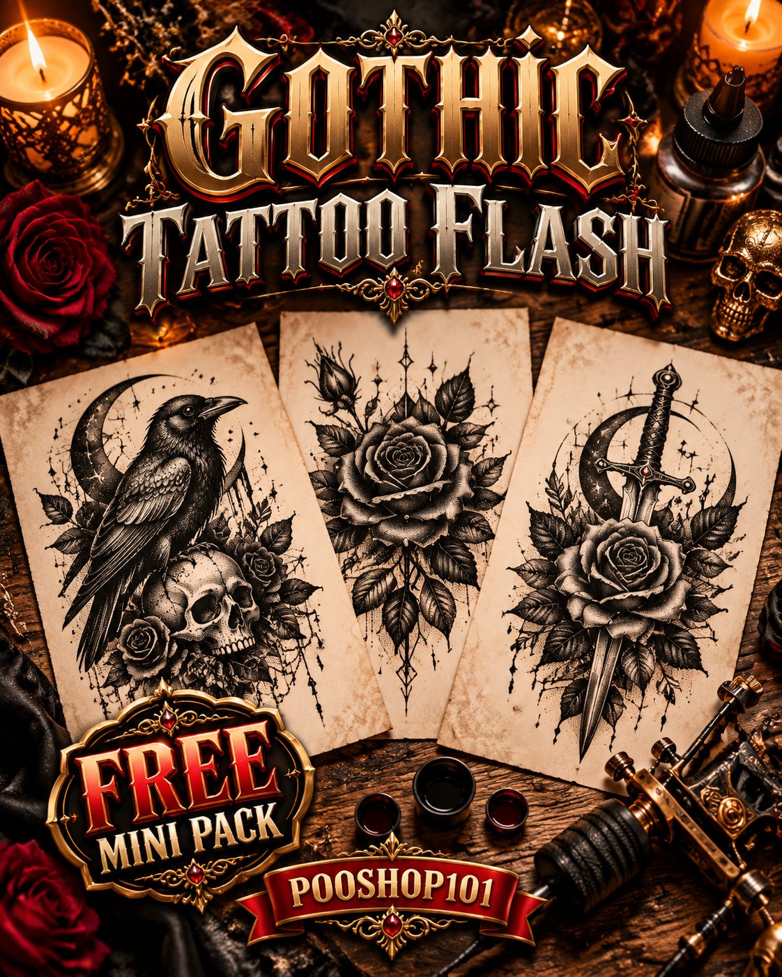 Gothic Tattoo Flash free mini pack cover with raven, rose and dagger flash sheets