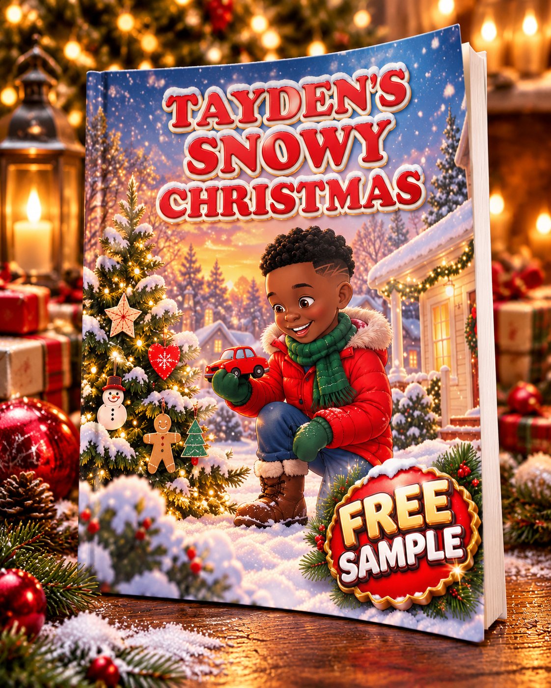 Tayden's Snowy Christmas book cover with a free sample badge