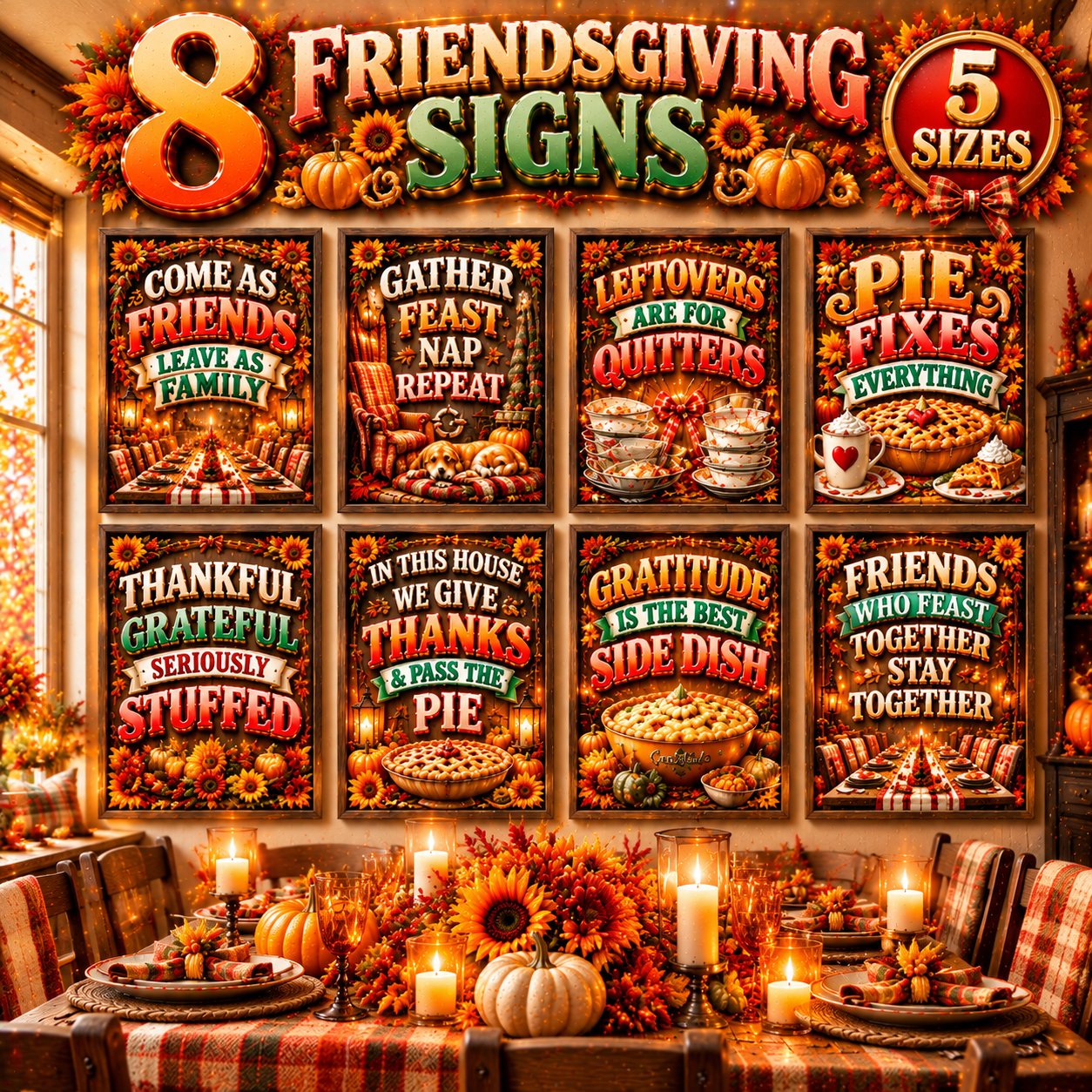 Friendsgiving Decor | Set of 8 PRINTABLES | Funny Thanksgiving Wall Art | Fall Gallery Wall Set | Thanksgiving Signs | Printable Wall Art