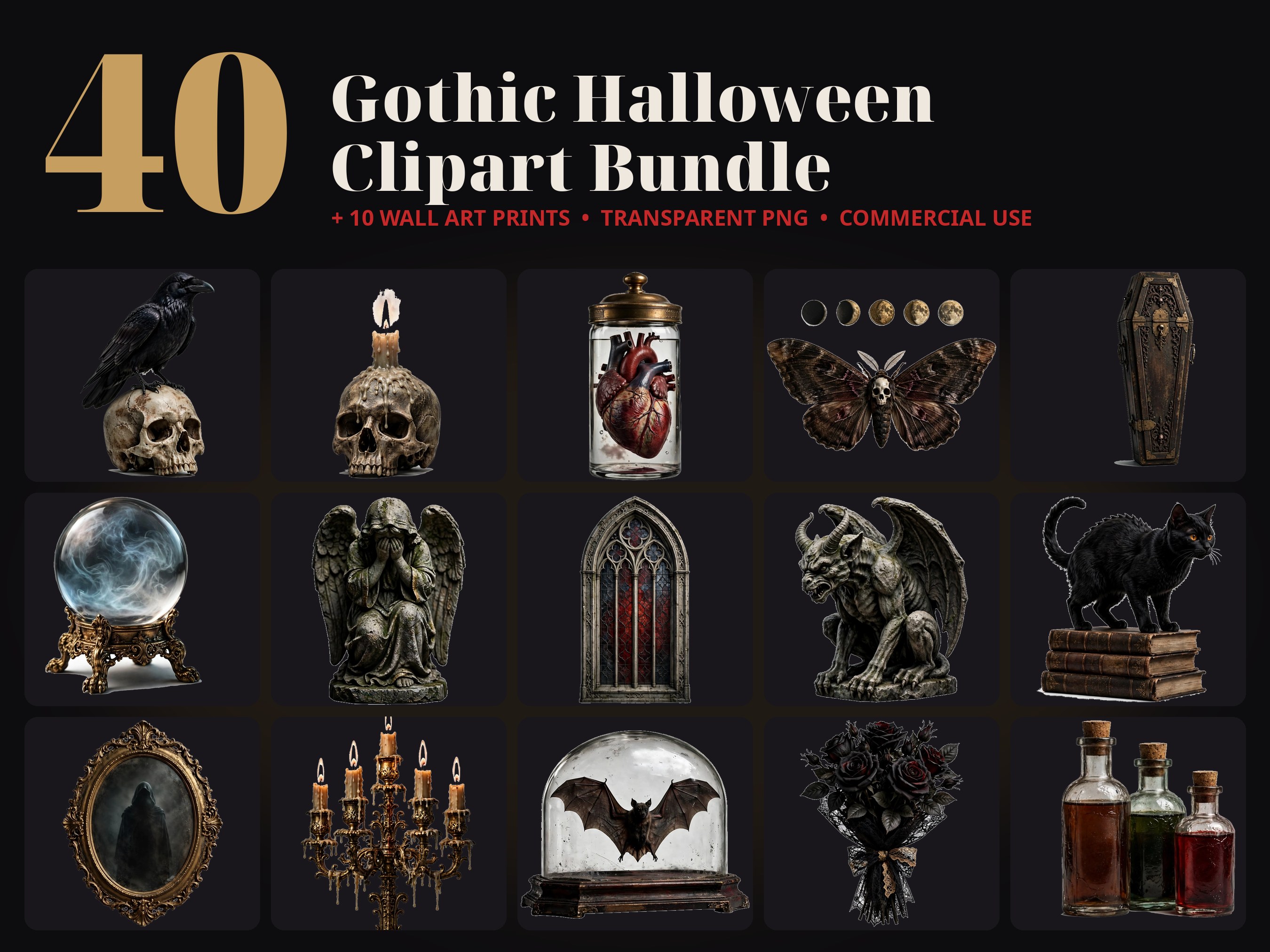 40 Gothic Halloween Clipart Bundle, Raven Skull Potion PNG, Dark Academia Junk Journal, Raven Clipart, Sublimation PNG, Commercial Use