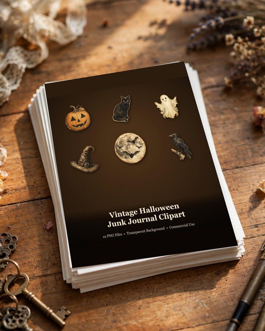 Halloween Junk Journal Clipart, 4 Vintage Gothic Ephemera PNG, Ghost Witch Hat Raven, Spooky Scrapbook Clipart, Digital Download
