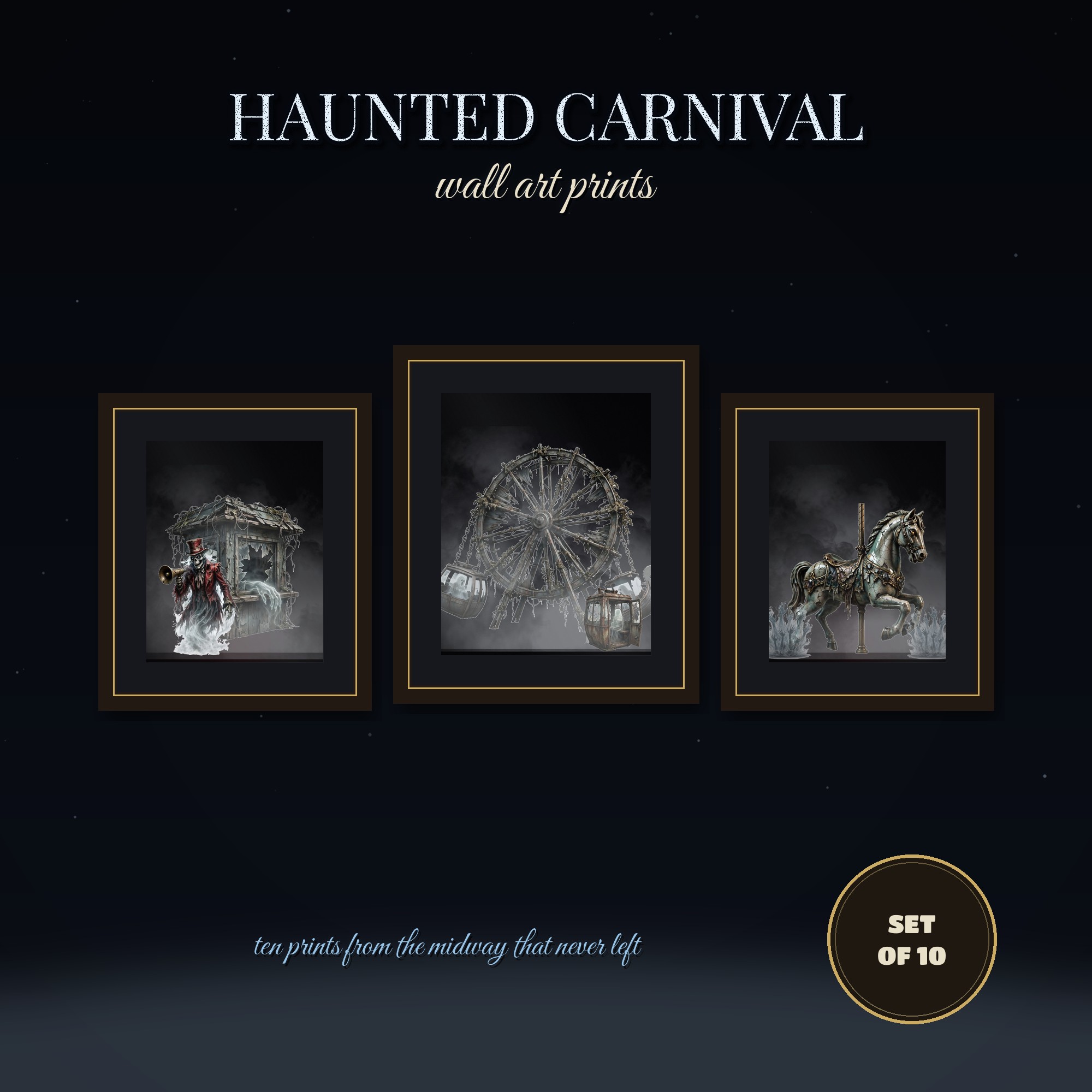 Haunted Carnival Wall Art, Set of 10 Printable Prints, Dark Circus Posters, Gothic Gallery Wall, Fallen Wheel Decor, Horror Decor