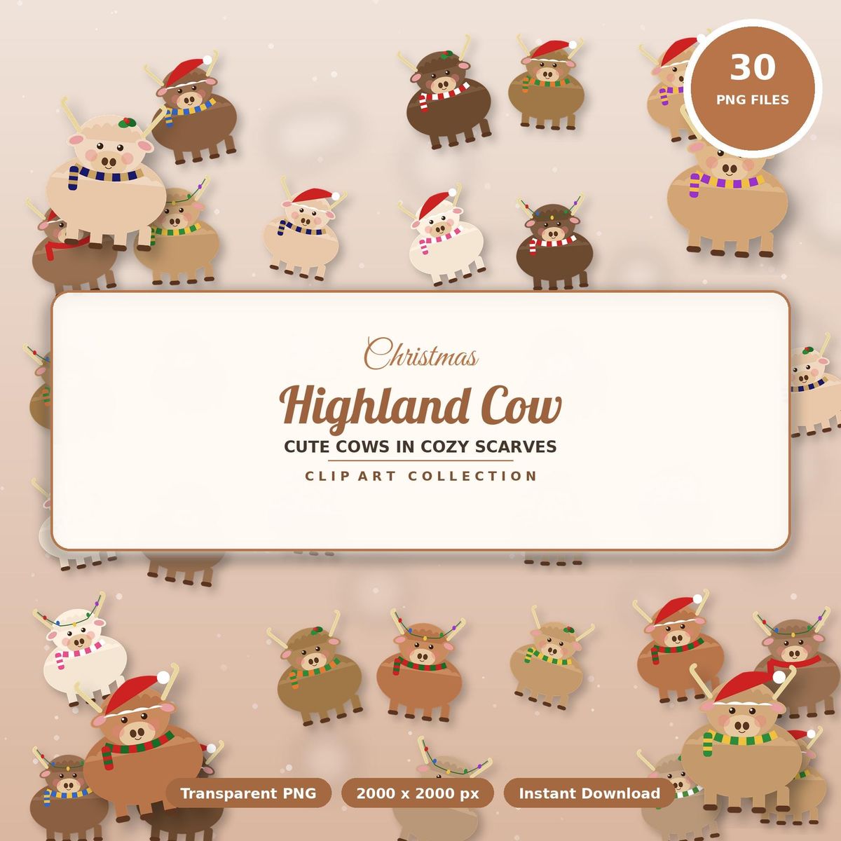 Highland Cow Christmas PNG Bundle, 30 Farmhouse Christmas Clipart, Cow in Santa Hat and Scarf, Sublimation Graphics, Instant Download