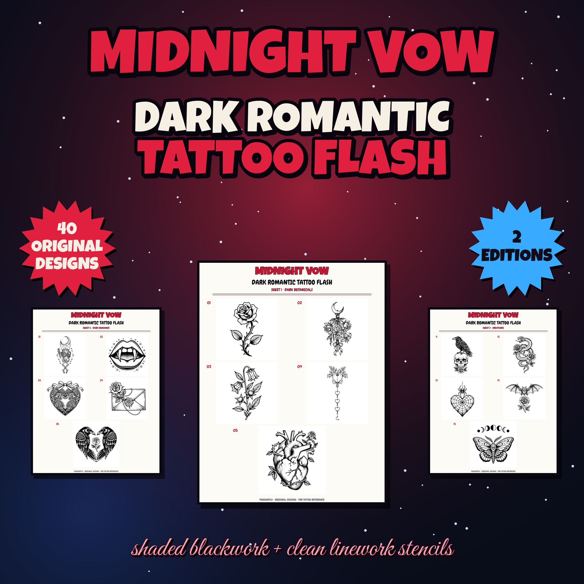 40 Gothic Tattoo Flash Designs | Dark Romantic Blackwork Flash Sheets + Linework Tattoo Stencil Files, Printable Tattoo Designs Bundle