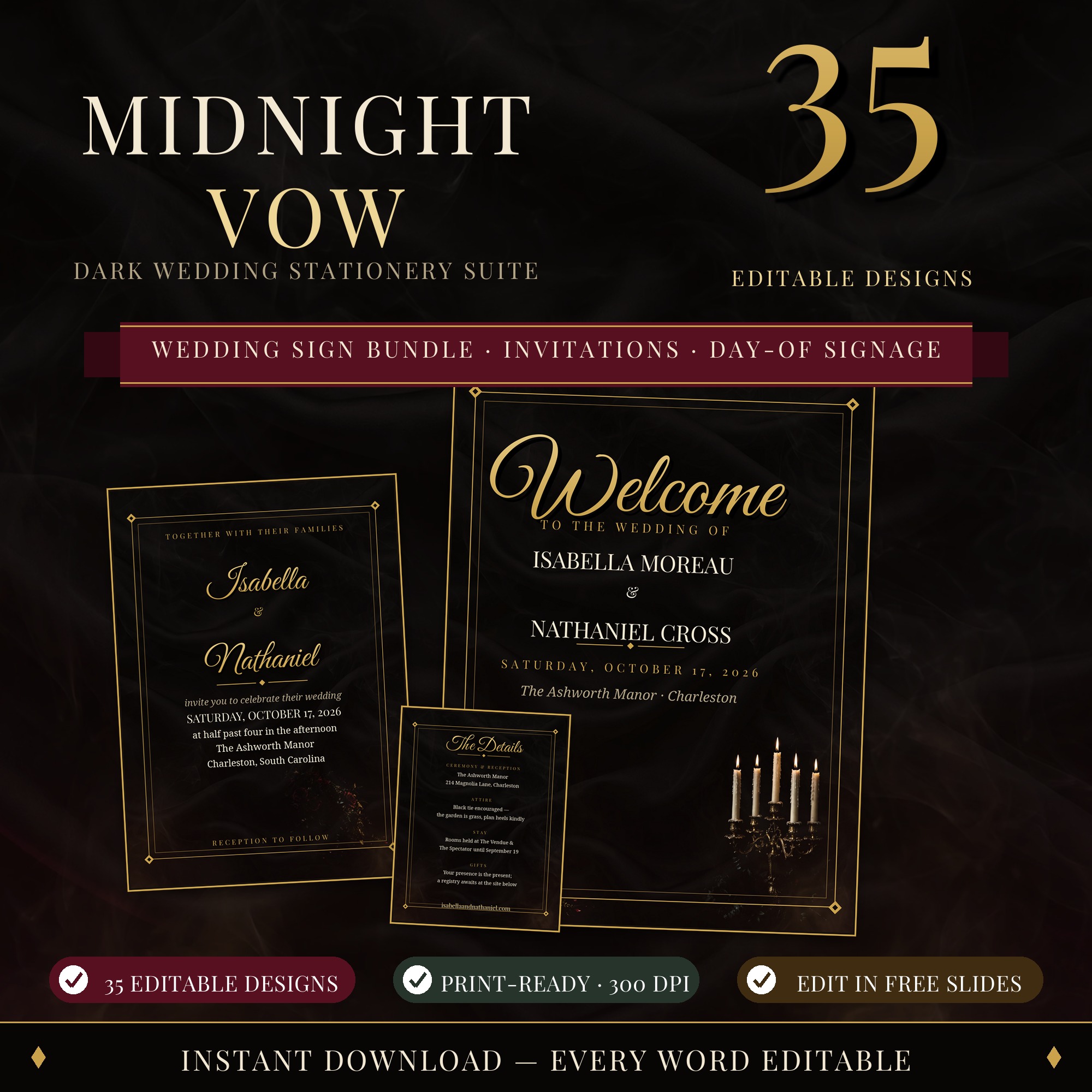 Dark Romance Wedding Sign Bundle, Moody Wedding Signage, Gothic Invitation Suite, Editable Printable Reception Signs, Burgundy Roses Decor