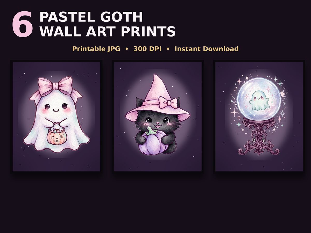 Pastel Goth Halloween Wall Art, Set of 6 Printable Prints, Cute Ghost Pumpkin Decor, Pastel Halloween Posters, Spooky Gallery Wall