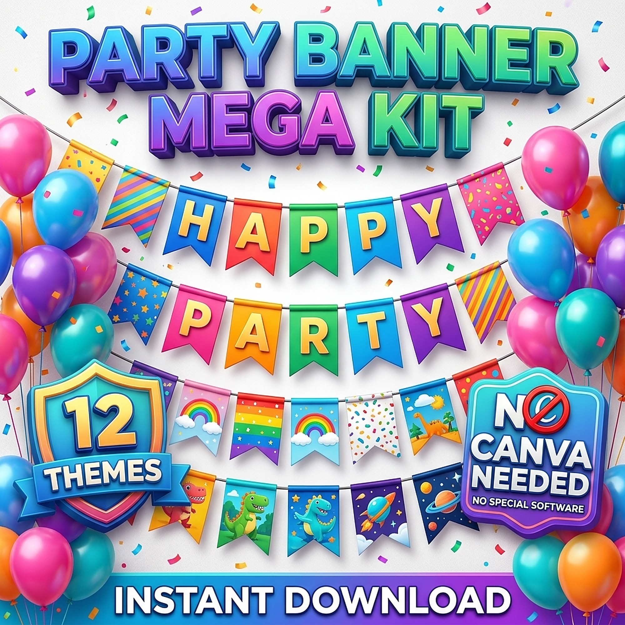 Printable Party Banner Mega Kit 12 Themes Bunting Alphabet Letters Numbers Instant Download Birthday Christmas Classroom No Canva Needed