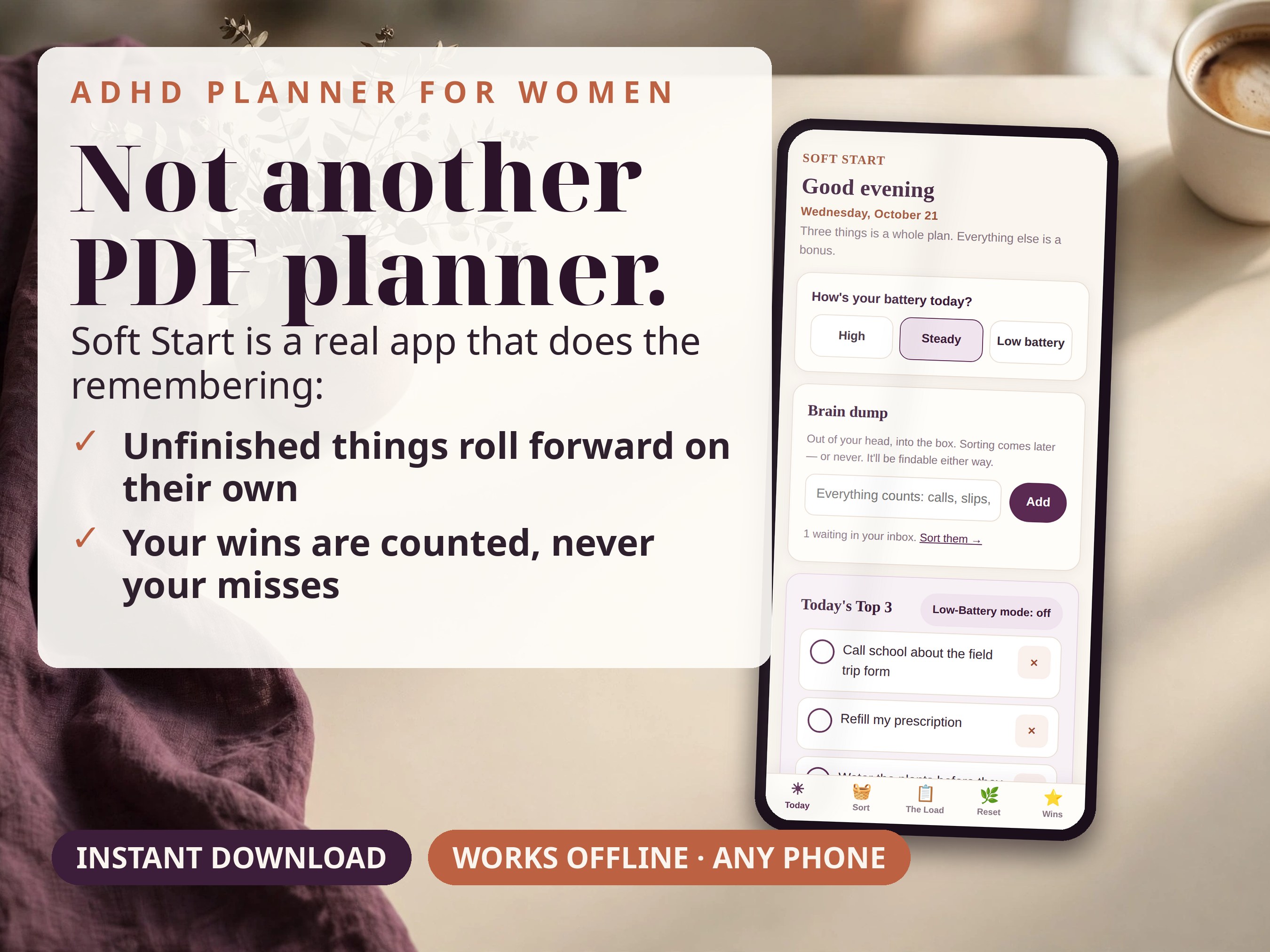 ADHD Planner for Women — Daily Focus App, No GoodNotes Needed | Undated Brain Dump, Mental Load & Cycle-Aware Planner for Adults