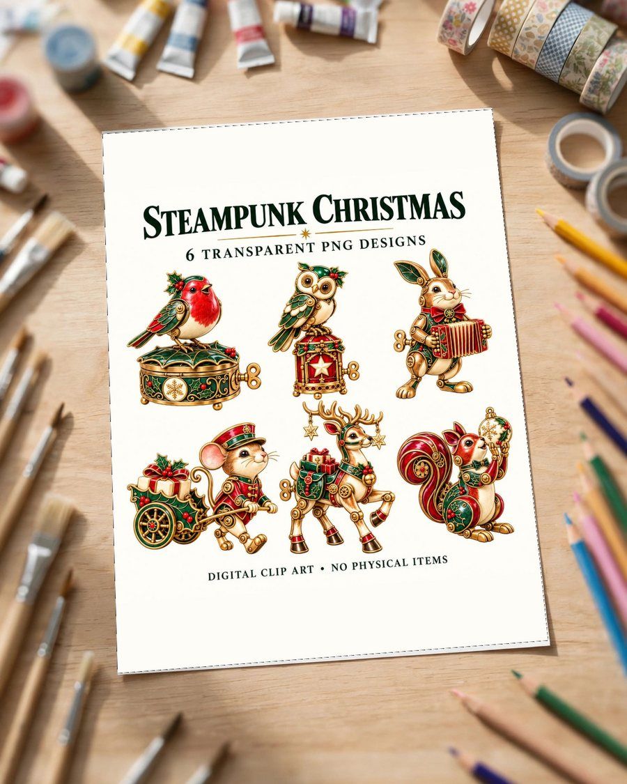 Steampunk Christmas Clipart Bundle, Vintage Victorian Holiday PNG, Clockwork Gears Mechanical Animal Graphics, Digital Download
