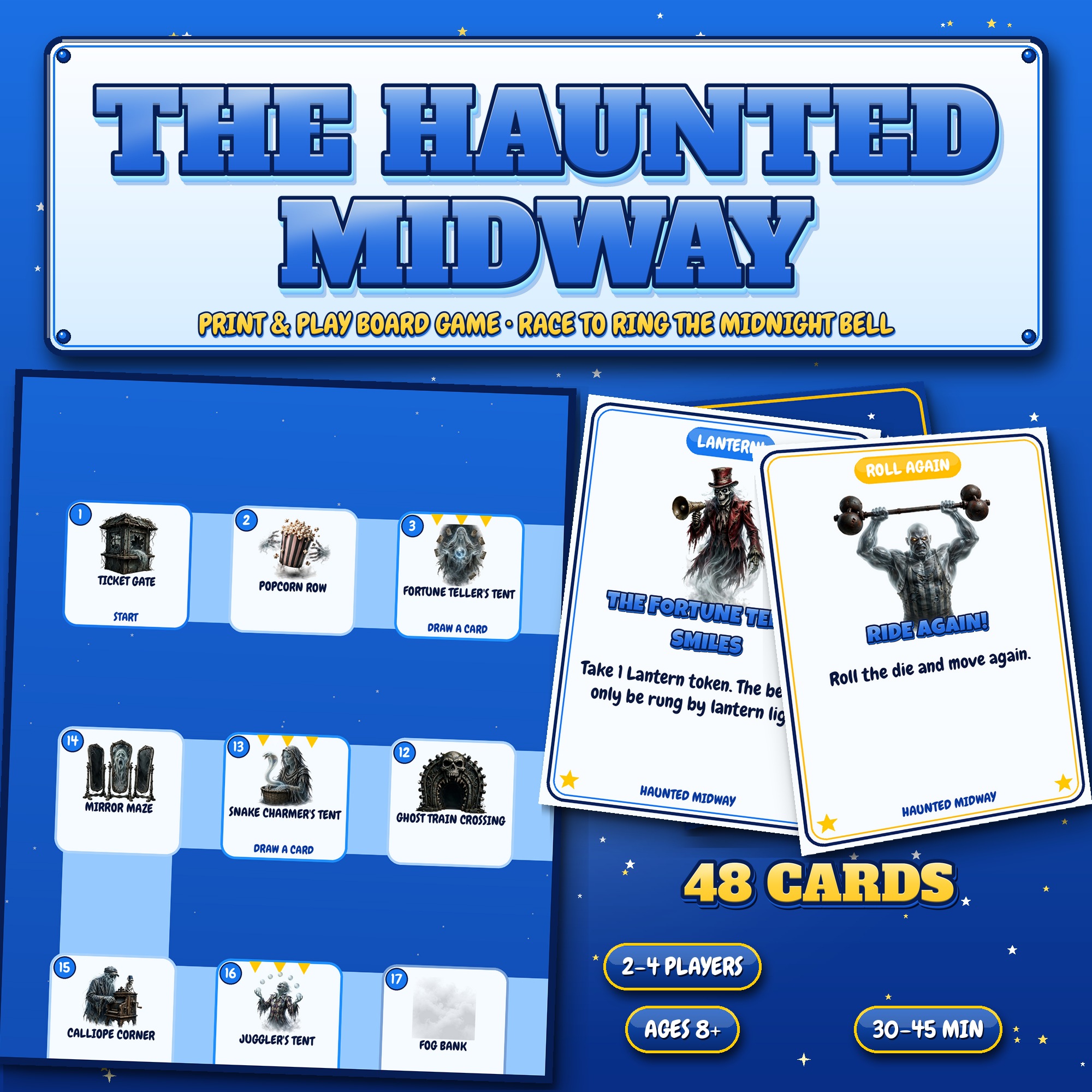 Printable Board Game Print and Play, Haunted Carnival Board Game for Kids, Family Game Night Printable, Spooky Halloween Printable Game PDF