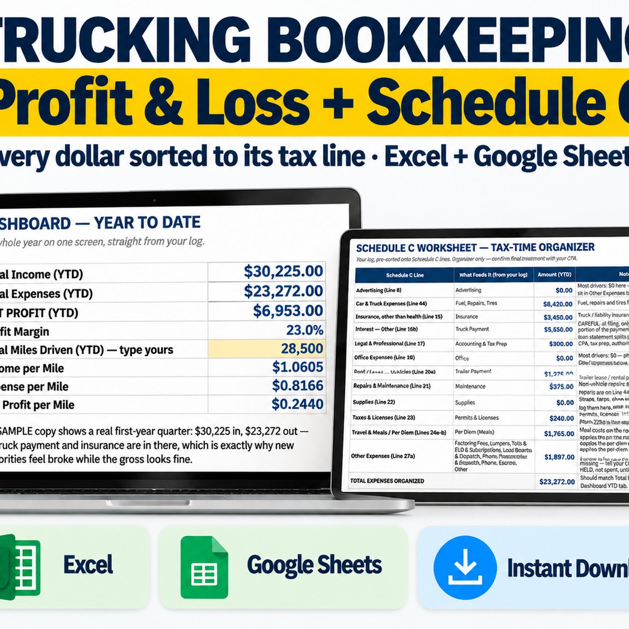 Trucking Bookkeeping Spreadsheet, Profit and Loss Workbook, Schedule C Template, Expense Tracker, Excel & Google Sheets, Owner Operator